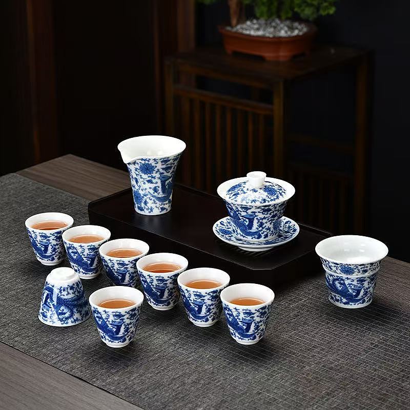 Blue & White Peacock Gong Fu Tea Set for 8