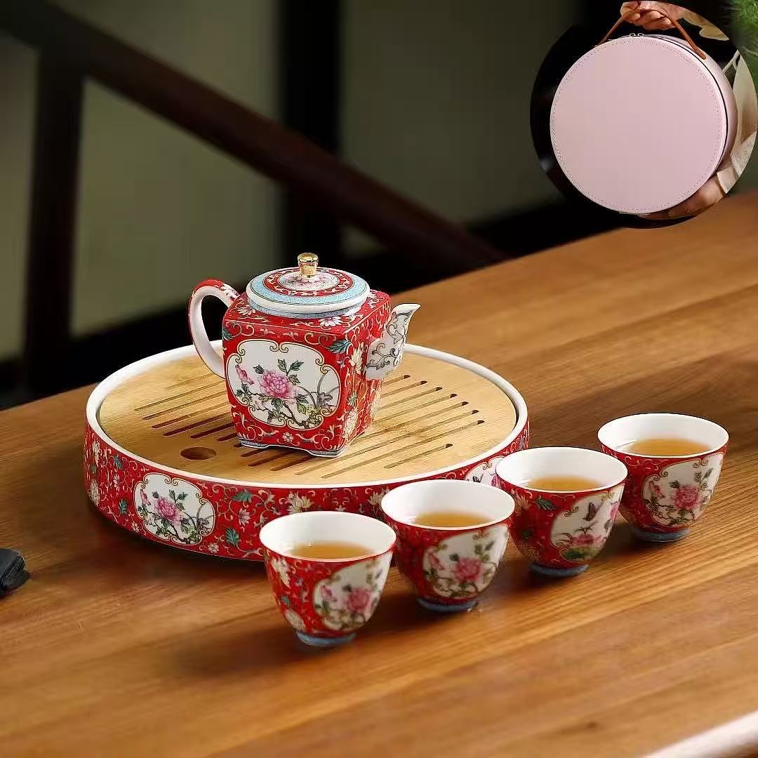 Enamel Teapot Set with tea tray for 4