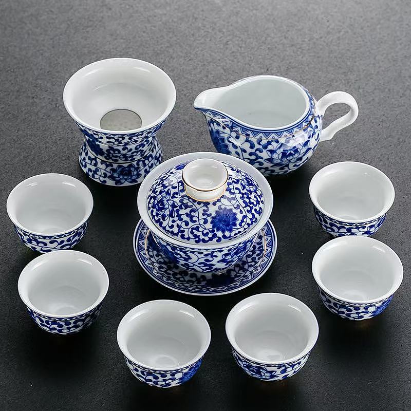 Blue & White Flower Gaiwan Tea Set for 6
