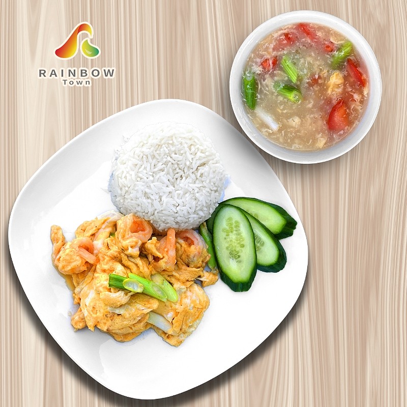 Scrambled Egg & Shrimp Rice with soup