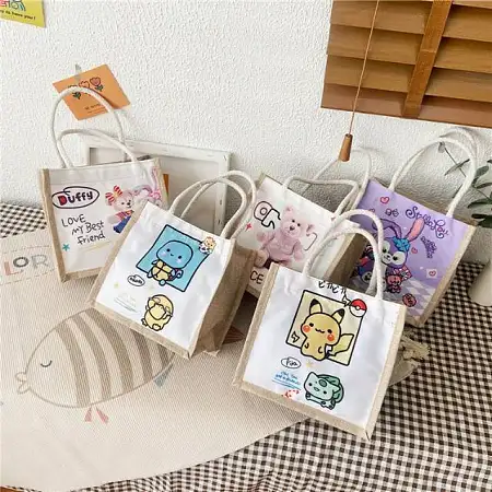 Cute linen flax tote bag卡通小号麻布礼袋