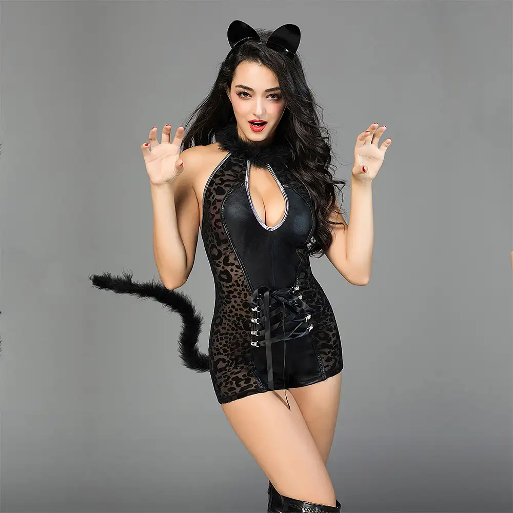 Fetish Wear Sexy Catwoman Romper With Tail 1pc