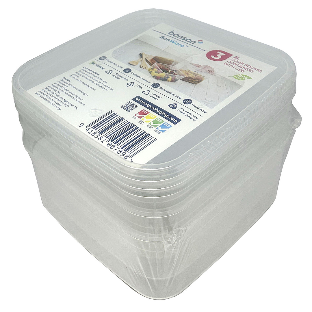 BONWARE SQUARE CONTAINER WITH LID 2L - 3PK