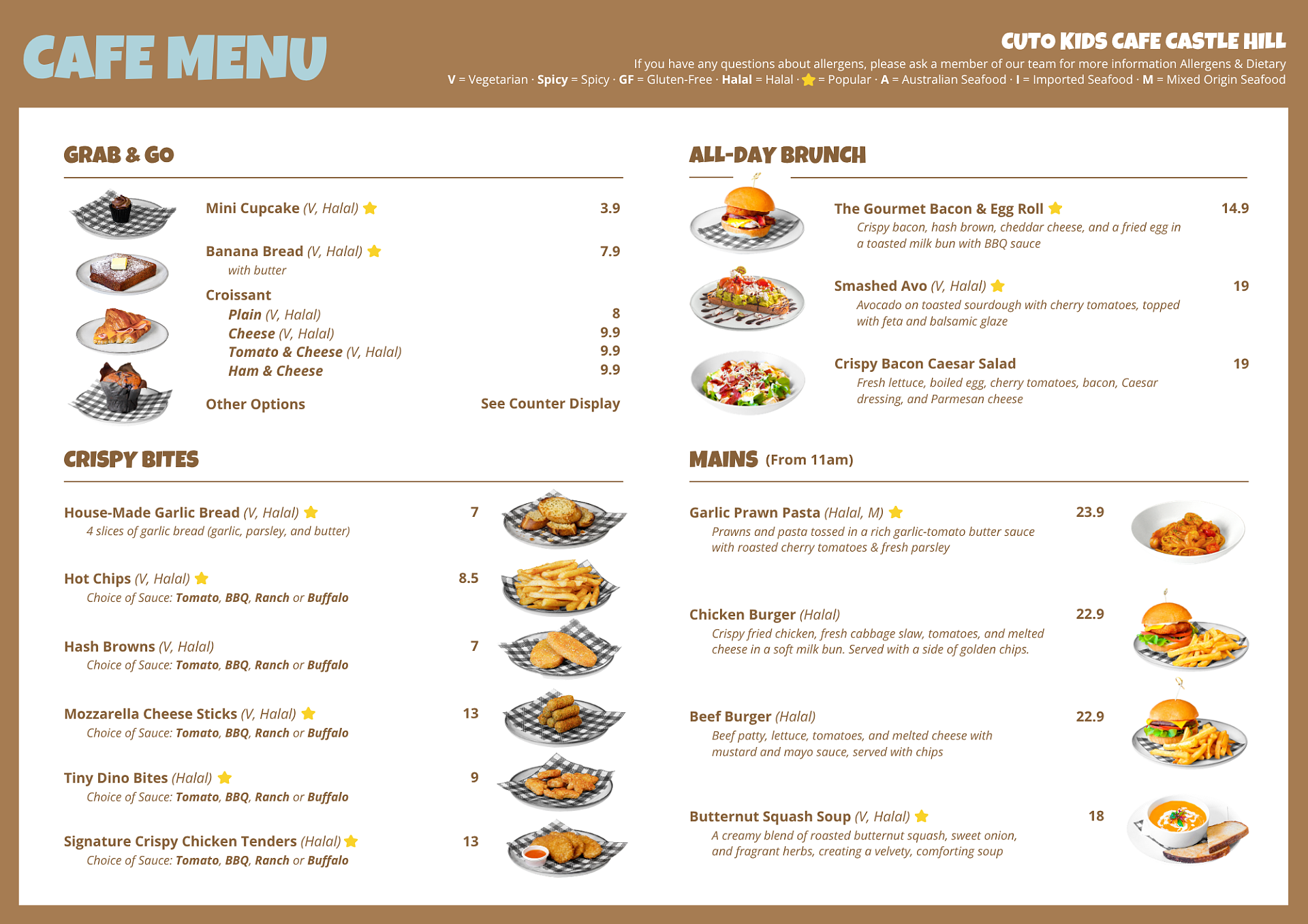 Cafe menu and food options at Cuto Kids Cafe Castle Hill