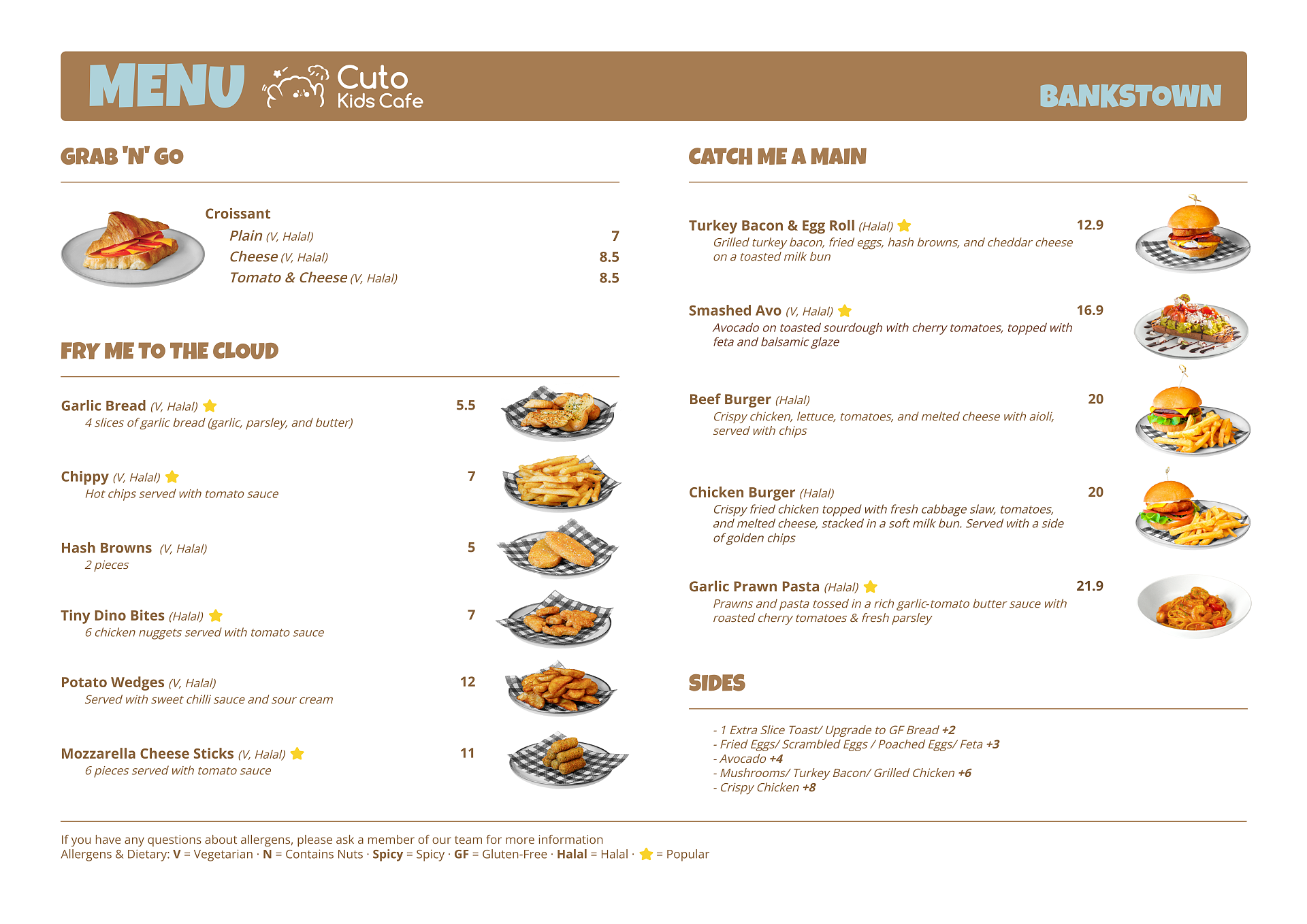 Cafe menu and food options at Cuto Kids Cafe Bankstown