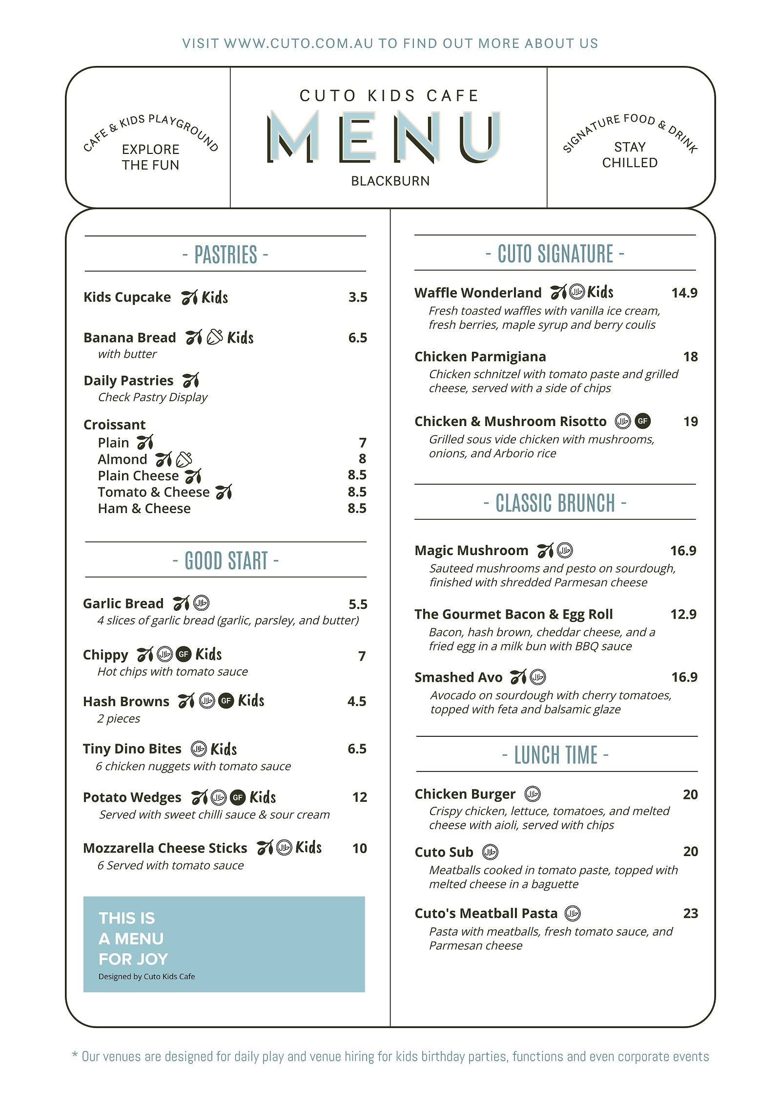Cafe menu and food options at Cuto Kids Cafe Blackburn Cafe menu and food options at Cuto Kids Cafe Blackburn