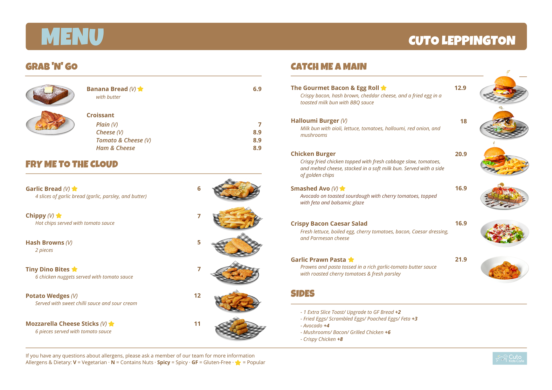 Cafe menu and food options at Cuto Kids Cafe Leppington