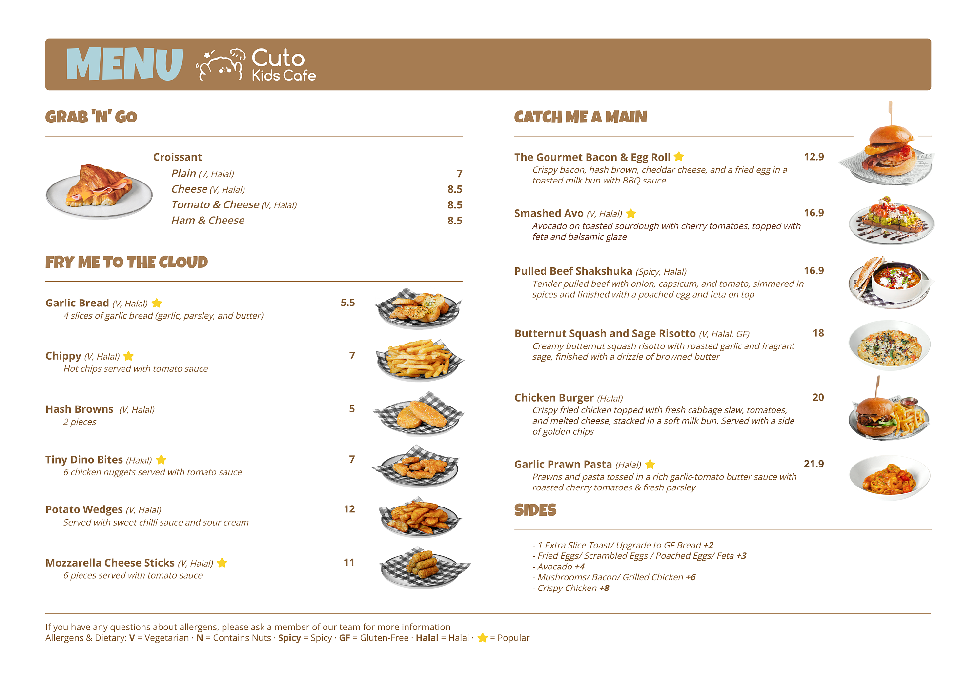 Cafe menu and food options at Cuto Kids Cafe Castle Hill