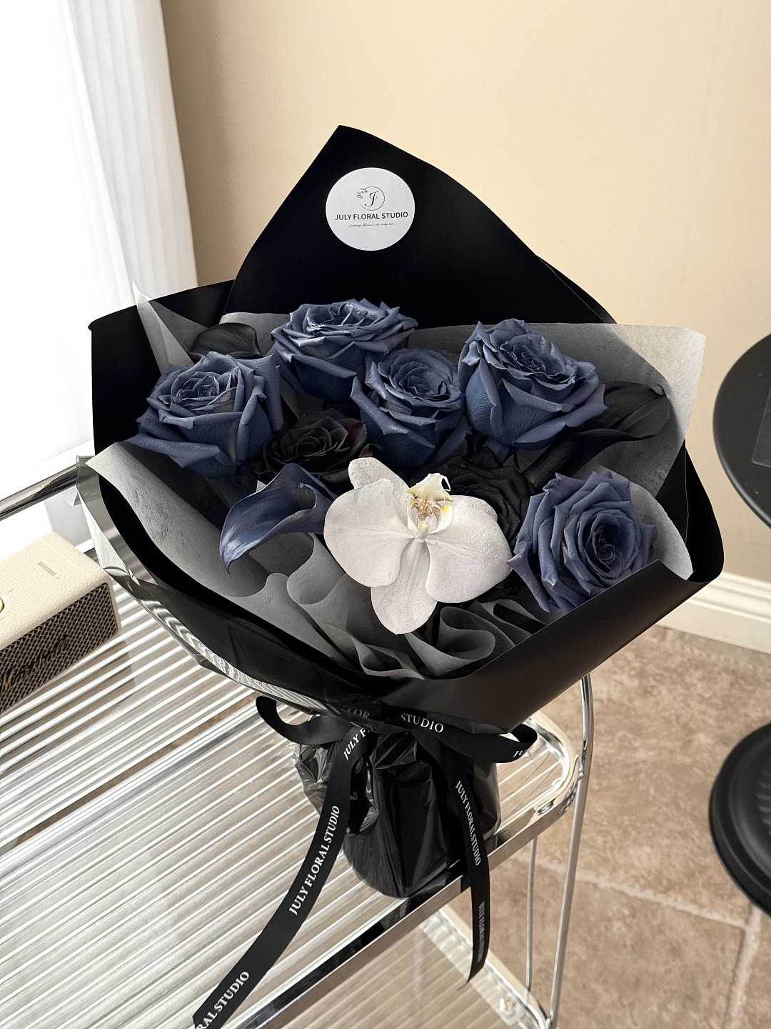 11 Black & Dark Blue Roses &3 lilies &1 Orchid