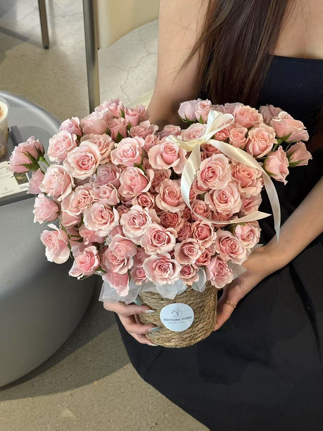 Heart-Shaped Flower Basket with Pink Spray Roses