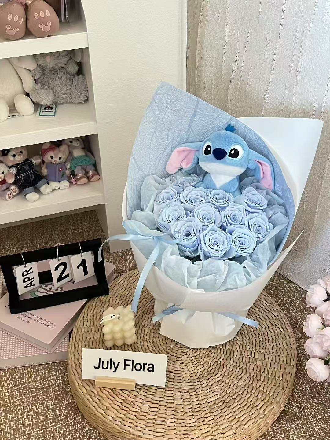 Blue Preserved Flower with Stitch