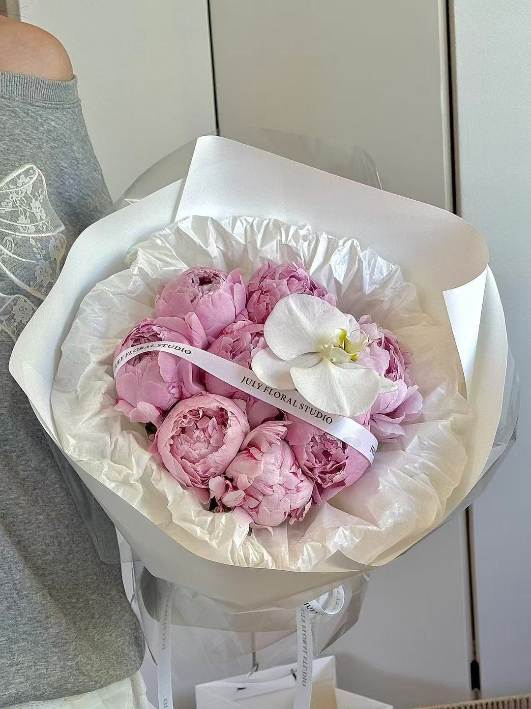 10 Sarah Peonies and 1 Orchid