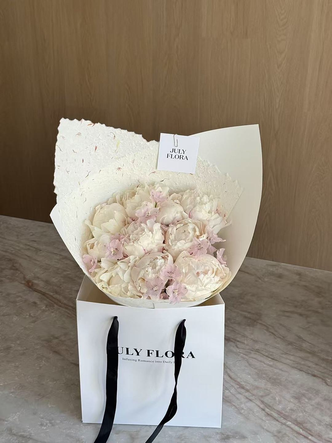 10 Pink Peonies with Larkspur