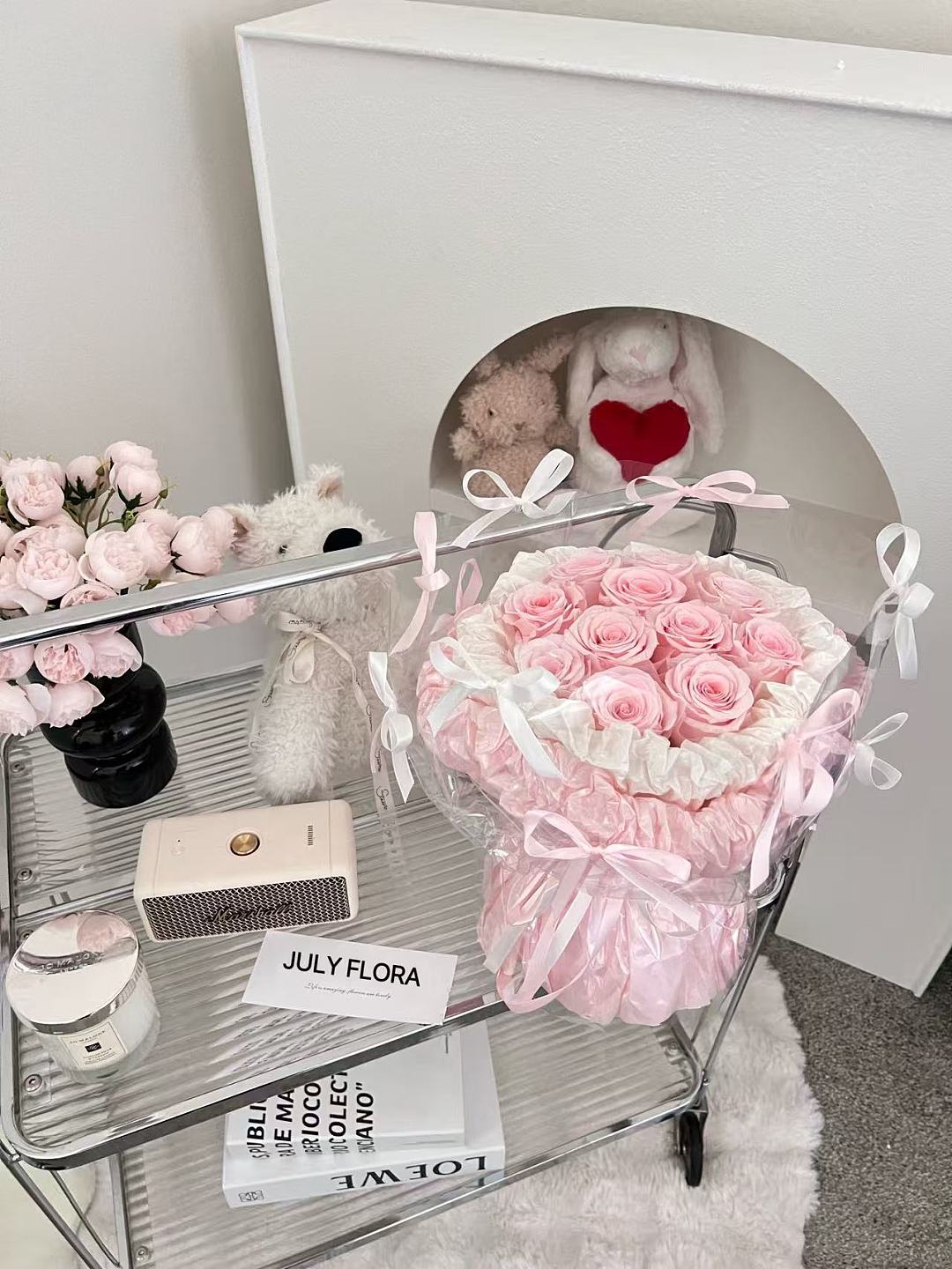11 Pink Preserved Flowers with a Bow