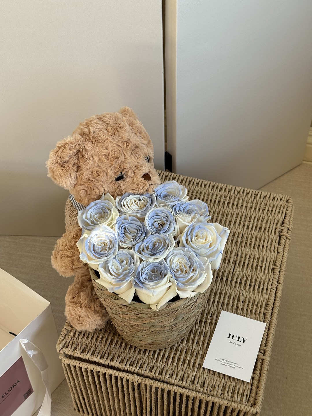 Medium Blue Hugging Bear Rose Basket