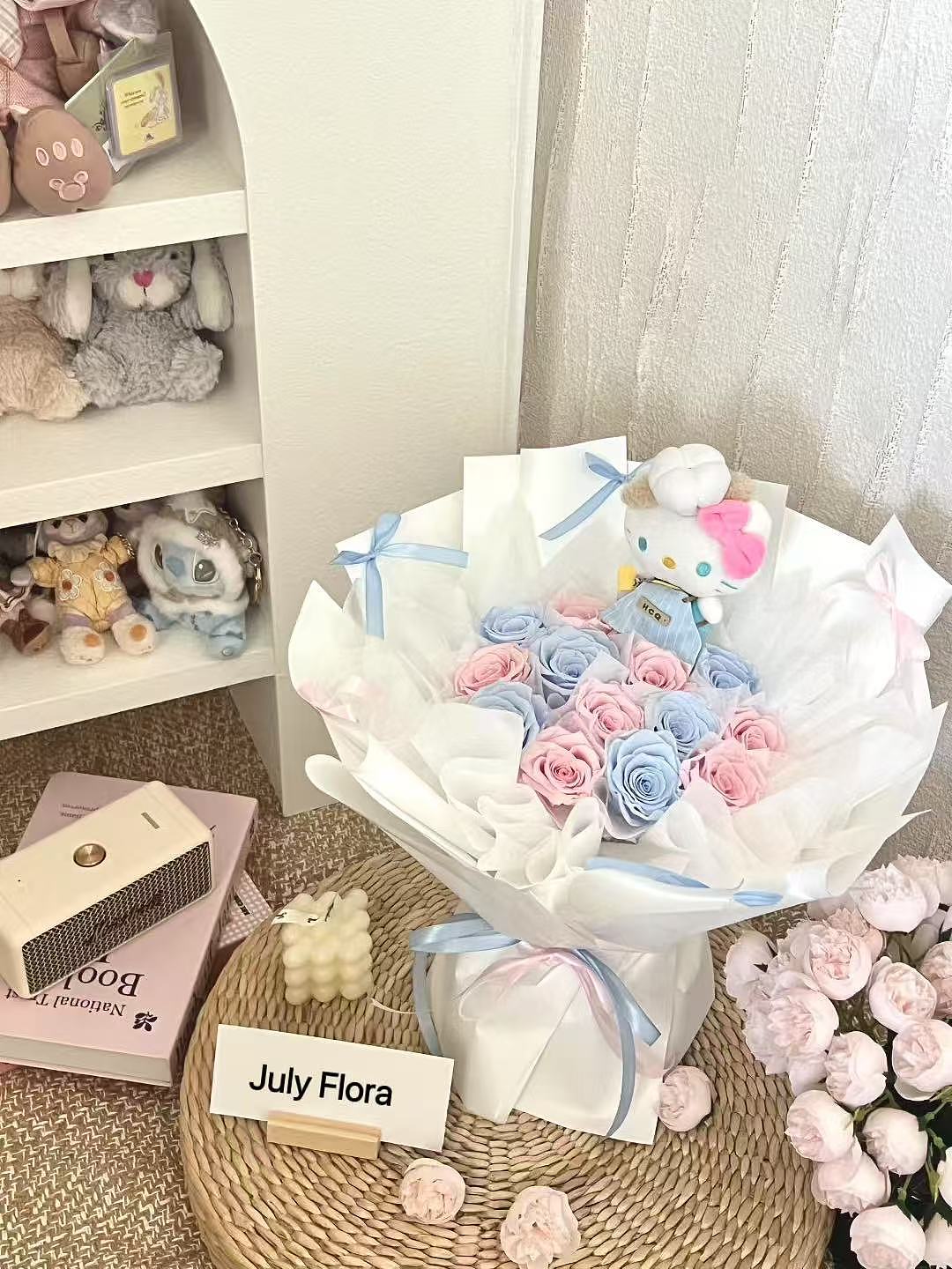 Blue/Pink Preserved Flower with Chef Kitty