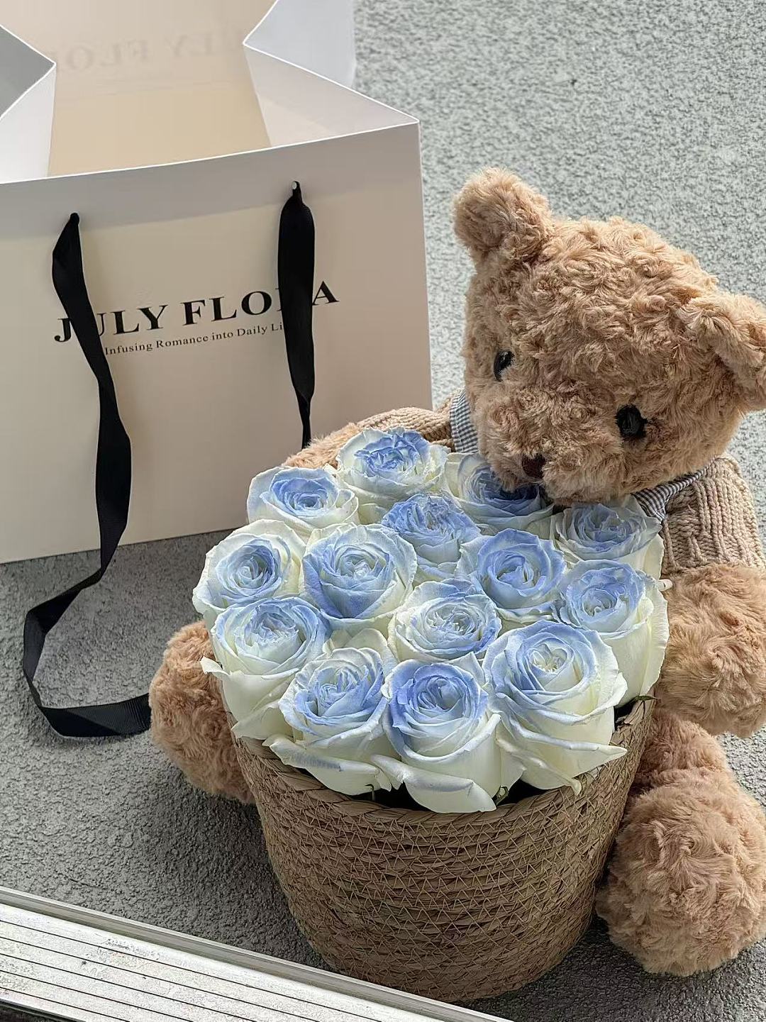 Blue Roses with Teddy Bear