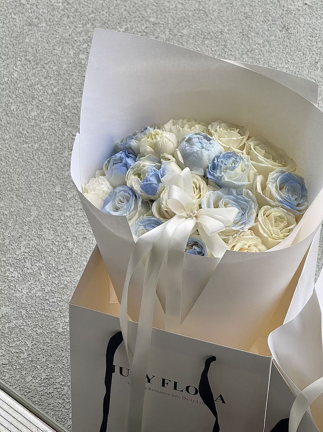 Blue & White Peonies and Roses Bouquet
