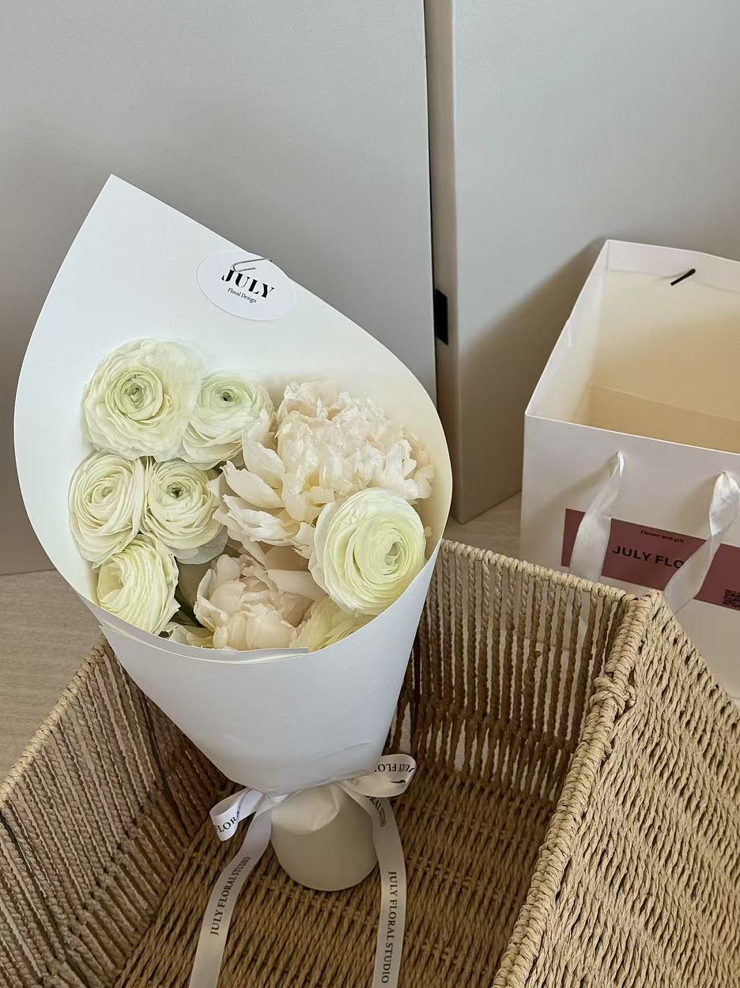 2 White Peonies + 8 White Ranunculus