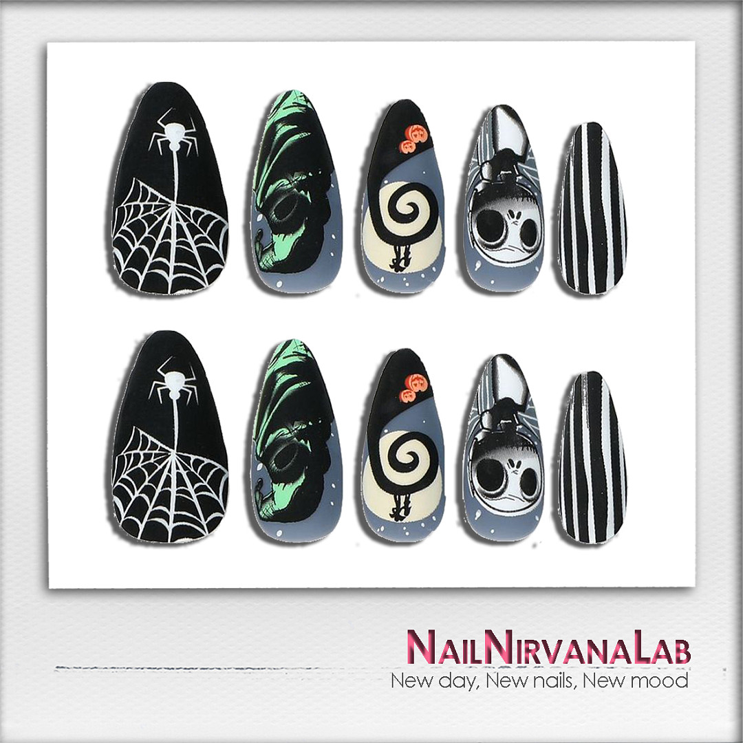 Skeleton pumpkin w | Almond Black | Press On Nails