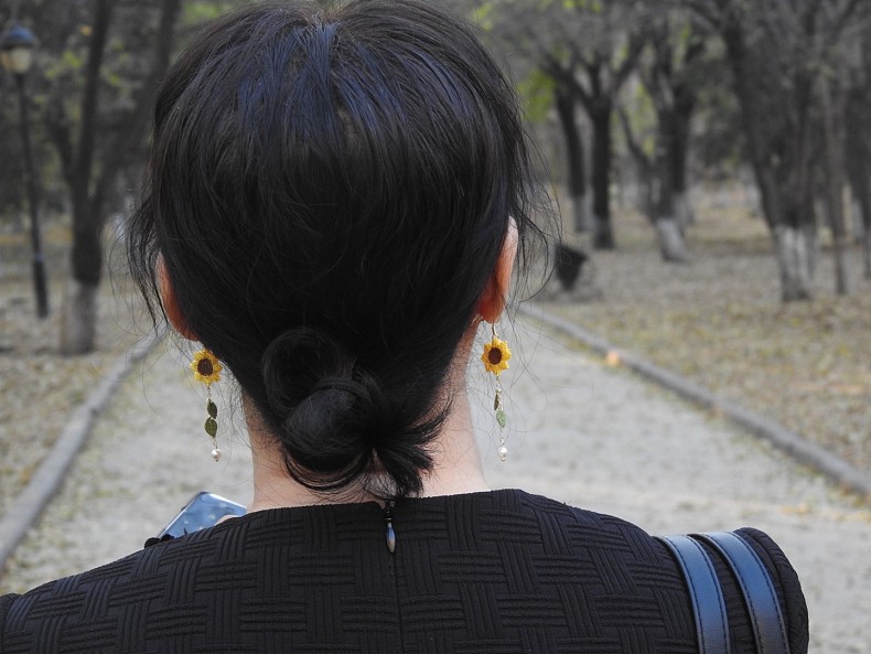 Woman with Sunflower miniature crochet earrings