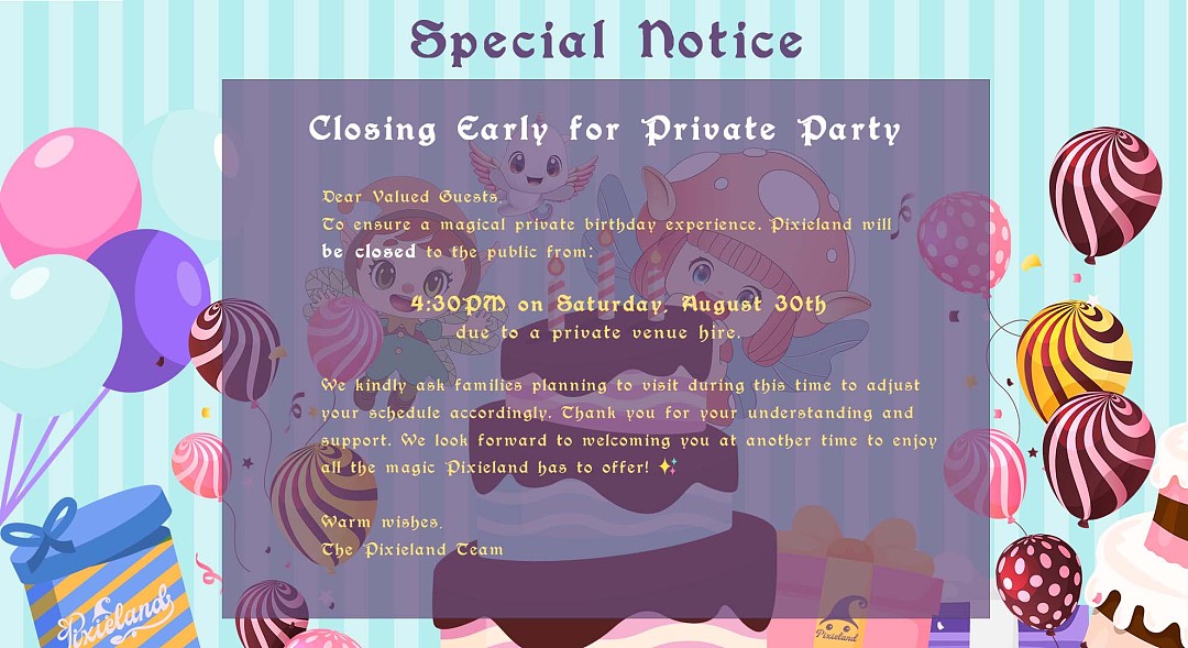 Closing Early for Private Party at 4:30PM Saturday, August 30th Closing Early for Private Party at 4:30PM Saturday, August 30th